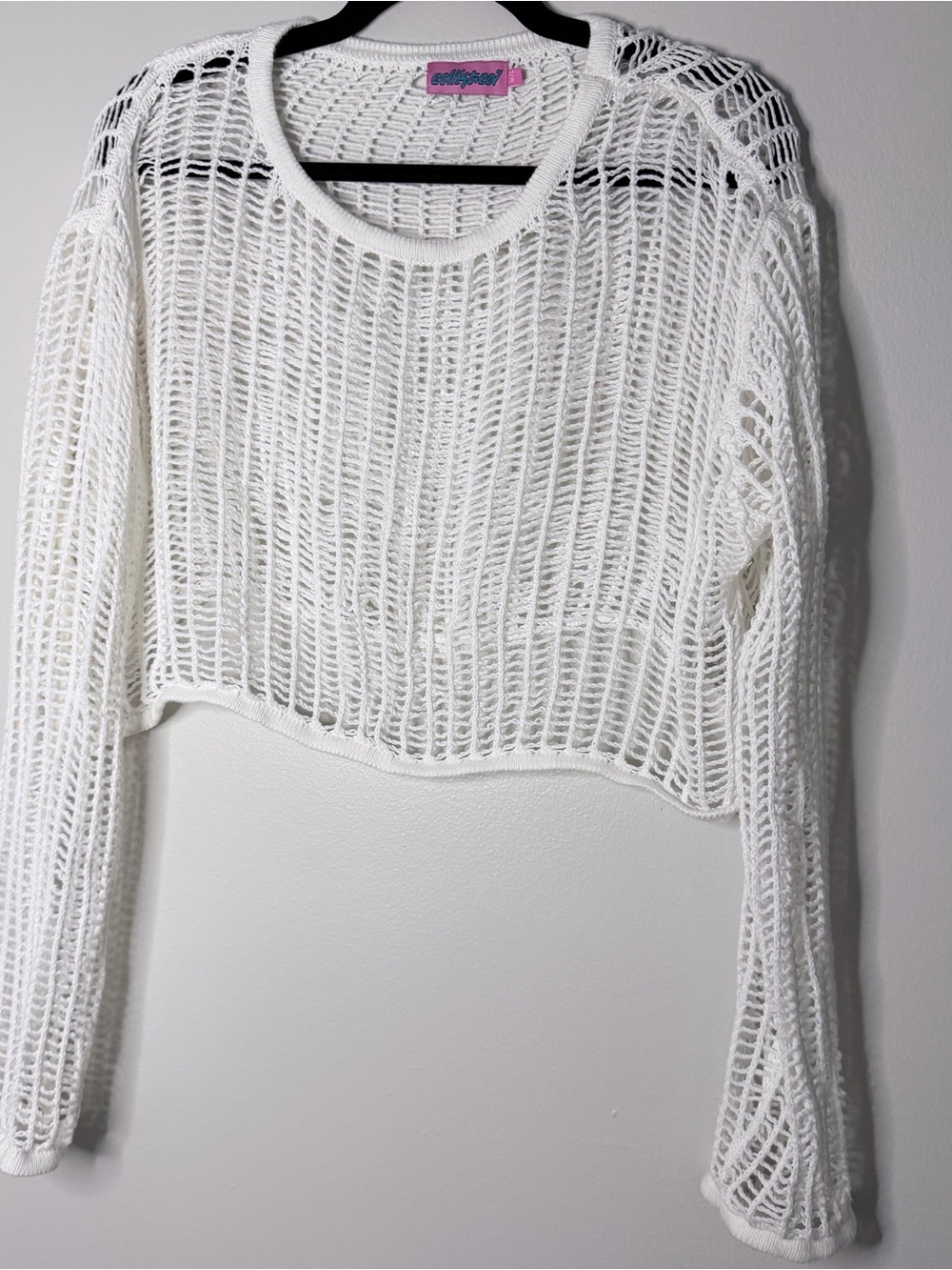 Edikted White Open-Knit Cropped Sweater